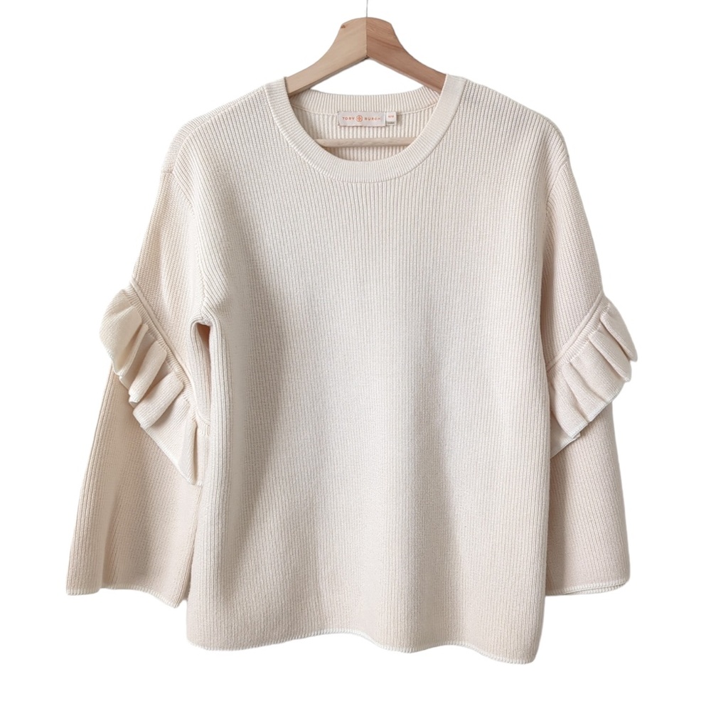 Tory Burch Ashley Ribbed Ruffle-Sleeve Sweater - Size Small